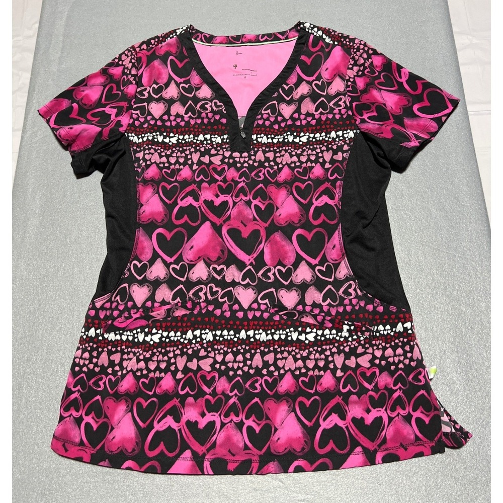 Healing Hands Pink Black Heart Print Scrub Top V-Neck Zip Front Size L 2270A